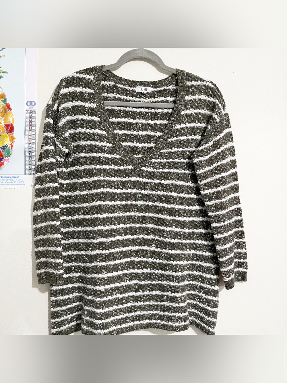 Tobi Olive Green and White Striped V-Neck 100% Cotton Pullover